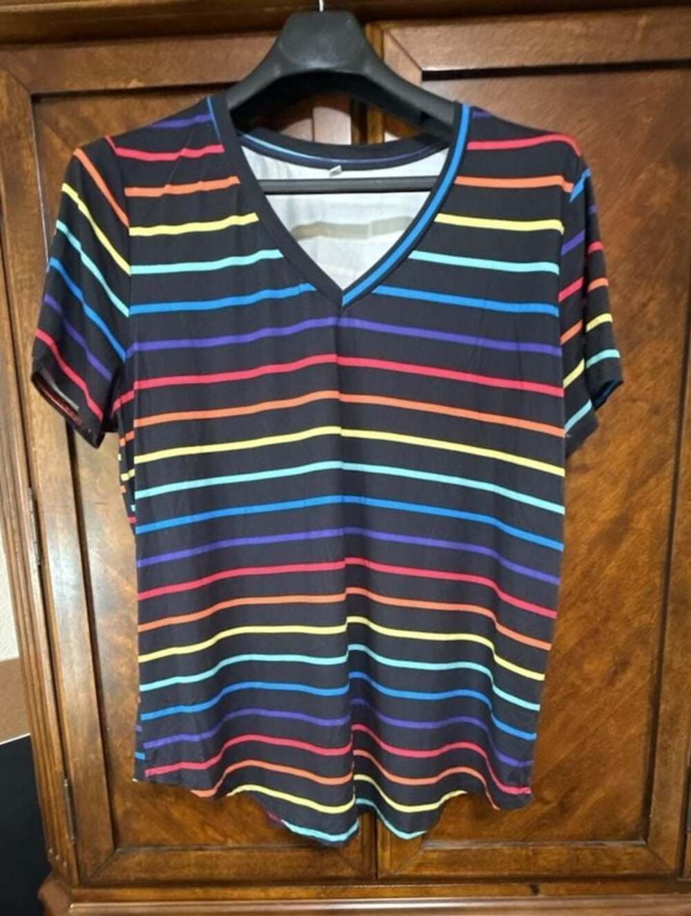 Jane Wardrobe Women's Plus Size Rainbow Stripe V-Neck Short Sleeve Casual T-Shir